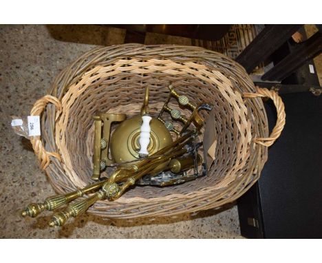 Basket containing various fire tools, brass kettle etc