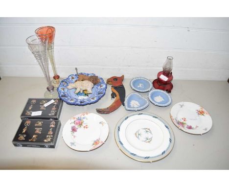 Mixed Lot: Various decorated plates, Jasper Ware pin trays, glasses, small oil lamp etc