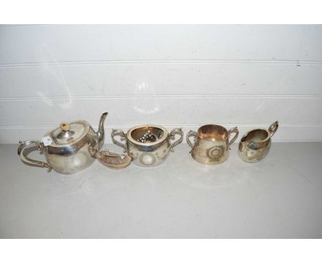 Mixed Lot: Silver plated tea set, table lighter and oil lamp base