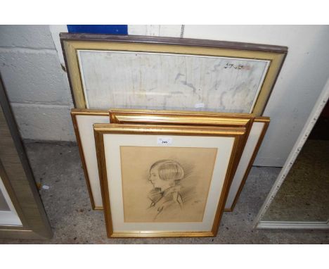 Group of various mixed pictures to include pencil portrait, various studies yachting scenes etc