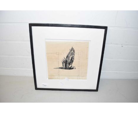 M K Falvey marsh harrier wood cut framed and glazed