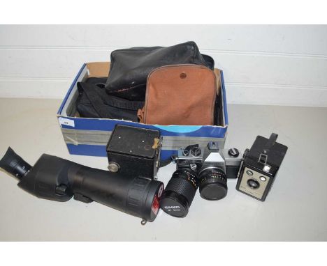 A box of various vintage cameras to include Kodak and others
