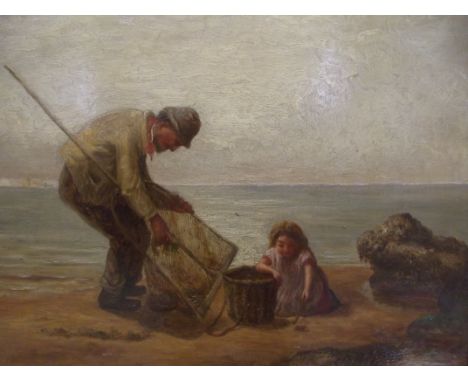 Oil on board, fisherman and girl cockle picking, signed J K Makin 1879, 24cm x 32cm