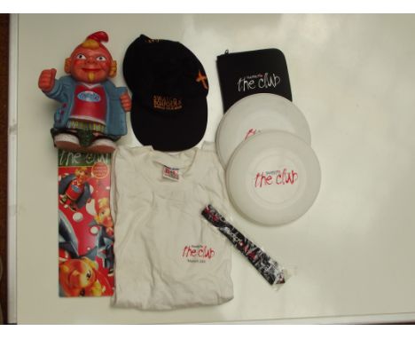 Swatch watch - Swatch club accessories, 8 items (1 plastic garden gnome, 1 cap, 1 key holder, 1 CD storage folder, 2 frisbees