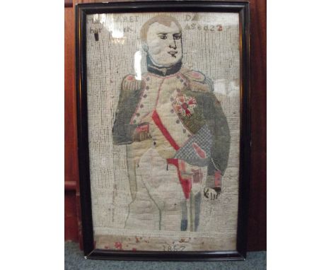 Victorian sampler depicting Napoleon Bonaparte, by Margaret Davies aged 22, dated 1857, 34cm x 55cm