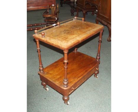 Early to mid 19th century whatnot, parquetry inlay with quarter walnut veneer, raised gallery, turned supports above a single
