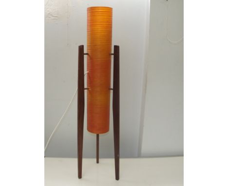 Retro floor standing rocket lamp , cylindrical shade and carried on teak legs (recently rewired) in working order 95cm in hei