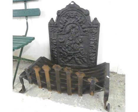 A cast iron fire back, 49x70cm, and a fire grate. (2) 
