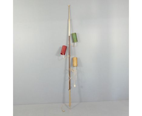A mid-century design tension pole floor lamp, with three shades. Requires re-wiring. Overall length in current configuration 