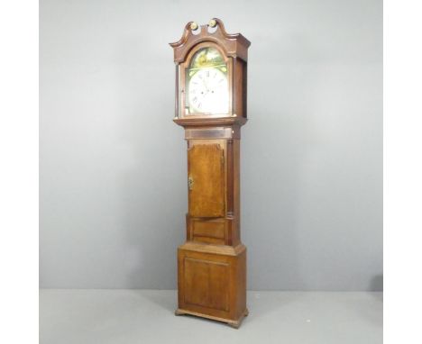 JOHN ELLEBY'S, ASHBOURN - A 19th century 8-day oak and mahogany cased long case clock, the 13 inch hand painted and arch-topp