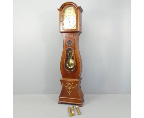 A modern French mahogany cased longcase clock, with 12" arch top enamel and brass dial, pendulum and three weights. Overall 4