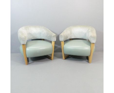 Manner of Jean Royere, a pair of green leather and velvet unholstered oak framed lounge chairs on sled base. Overall 80x80x80