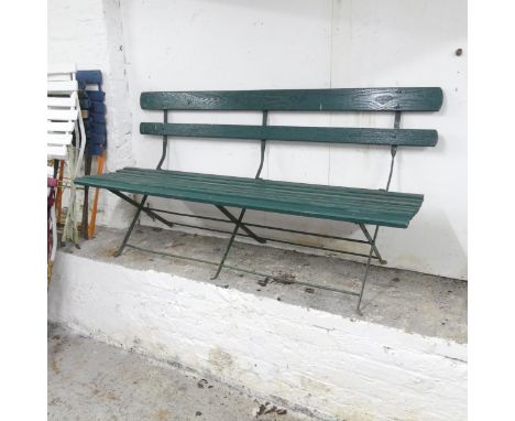 A painted slatted garden bench with folding metal frame. 129x83x56cm. 