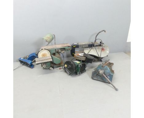 A Power Craft PFZ400R scroll saw, a Ferm belt sander, a Parkside wet and dry grinder, a Clark Strong Arm centre punch and a b