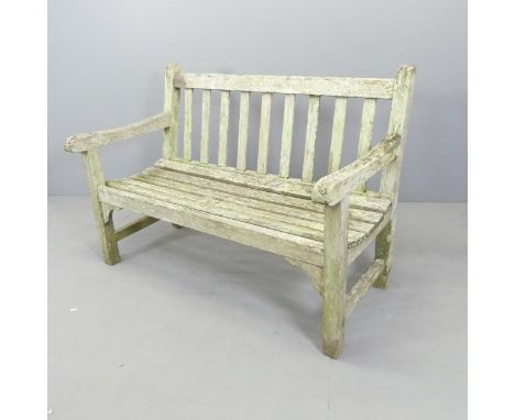 LISTER - A weathered teak slatted garden bench. Overall 121x85x68cm. With maker's label. 