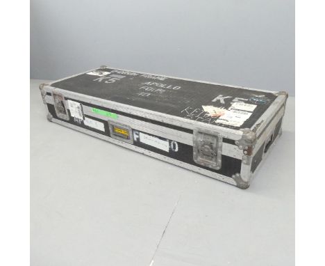 A metal bound Keyboard travel trunk, labelled Apollo Four 40. 134x25x55cm. 