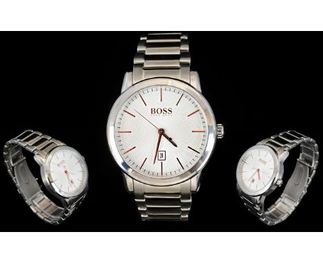 Hugo Boss - Stylish Gents Classical Silver Dial Steel Watch with Push Button Deployment Folding Clasp, Date Window 6 O'clock,