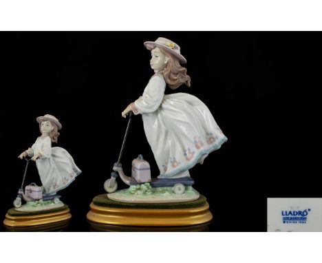 Lladro Porcelain Figurine ' On The Go ' Model No 6031. Issued 1993 - 1995, Raised on Oval Stepped Wooden Plinth. 1st Quality 