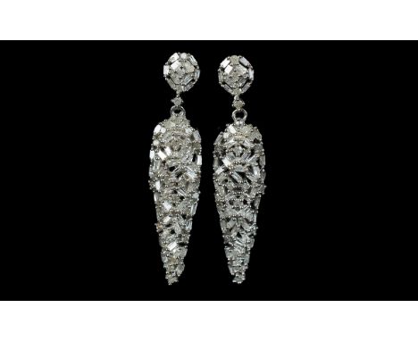 Diamond 'Stalactite' Drop Earrings, 1ct of baguette and round cut diamonds, set 'firecracker' style in elongated pear shape '