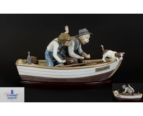 Lladro - Large and Impressive Porcelain Figure Group ' Fishing with Gramps ' Raised on Wooden Plinth. Model No 5215, Sculptor