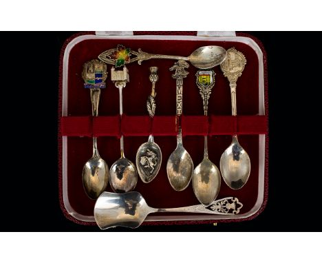 Antique and Vintage Period Collection of Hallmarked Silver Crested Spoons, Some with Enamel and One Small Scottish Silver Cad