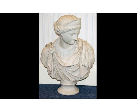 Portrait Bust Of A Roman Woman - Height 30 Inches. Resin Formed To Look Like Carved Marble.