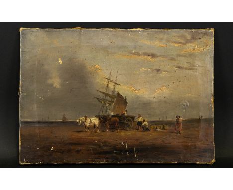 Continental 18th/Early 19th Century Oil On Canvas Nailed to stretcher, unsigned, depicting a seascape with figures, boats, ho