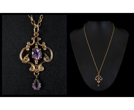 Antique Period 9ct Gold Ornate / Fancy Amethyst Set Pendant Attached to a 9ct Gold Belcher Chain. c.1880's. Both Fully Hallma