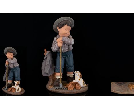 Nadal - Lladro Style Ltd and Numbered Edition Hand Painted Cress Figure - Young Boy with Rake and Small Dog. This Figure Is N