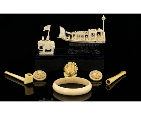 A Small Collection of Antique Period Carved Ivory Pieces ( 8 ) Pieces In Total. Comprises 1/ Japanese Carved Ivory Small Boat