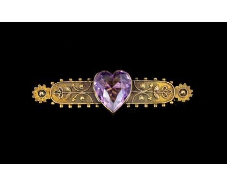 Victorian Period 15ct Gold - Amethyst Set Gold Brooch with Attached 9ct Safely Gold Chain. The Central Heart Shaped Amethyst 