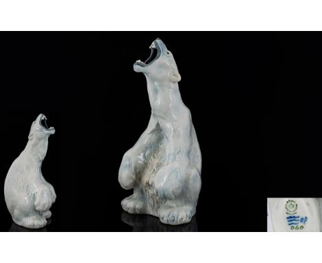 Royal Copenhagen 1930's - Superb Large and Impressive Early Porcelain Polar Bear - Roaring Figurine / Statue. Designer C.F. L