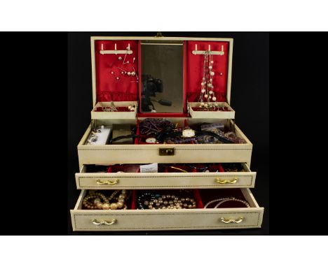 Two Drawer Jewellery Case Containing A Large Collection Of Costume Jewellery, To Include Chains, Earrings, Beads, Necklaces, 