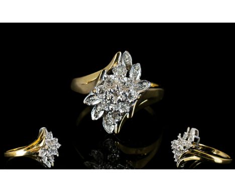 Ladies 9ct Gold Diamond Set Cluster Dress Ring, Illusion Set Flower head Design. Fully Hallmarked. Ring Size K - L. 3.5 grams