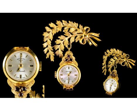Ladies 9ct Gold Nice Quality Nurses / Brooch Watch ( Rotary ) The Watch Set with Garnets. c.1950's / 1960's. Fully Hallmarked