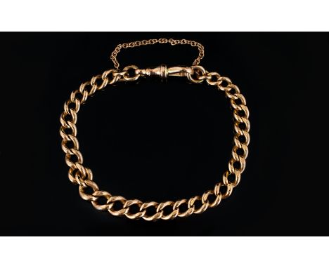 Antique Period 9ct Rose Gold Curb Bracelet with Solid Clasp In Safety Chain. All Links Fully Hallmarked for 9.375, Length 7.5