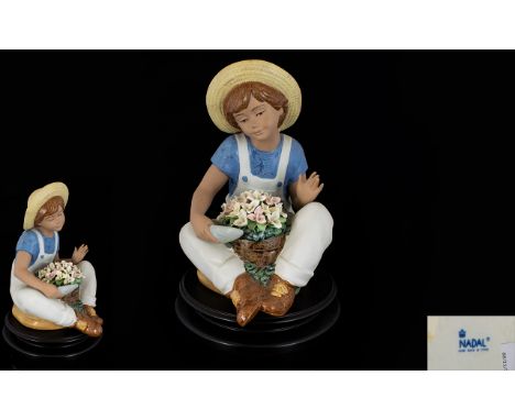 Nadal Lladro Style Large and Impressive Hand Painted Porcelain Figure. Model No 4422. Girl with Basket of Flowers, Seated. Ra