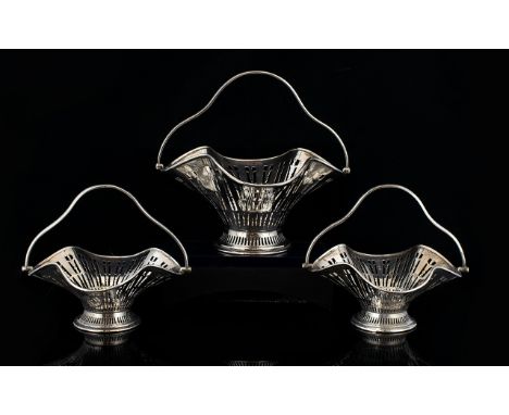 Edwardian Period Superb Quality Set of 3 Solid Silver Open-worked Swing Handle Sweetmeat Baskets, The Proportions and Design 