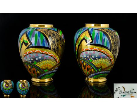 Carlton Ware Art Deco 'Scimitar' Pattern Pair Of Globular Vases Pattern Number 3651 Polychrome enamel with fan and floral for