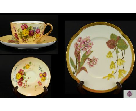 Royal Worcester Hand Painted - Blush Ivory Cup and Saucer, Decorated with Painted Images of Summer Flowers, Both Plate and Cu