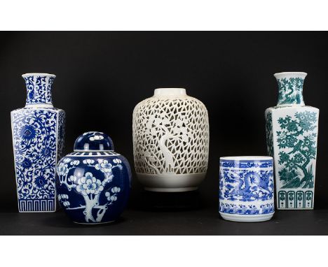 A Collection Of Modern Oriental Ceramics Five items in total to include blue and white prunus decoration ginger jar, two tall