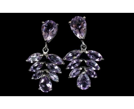 Rose de France Amethyst Cluster Drop Earrings, 10cts forming two triangular clusters of six marquise cut Rose de France ameth