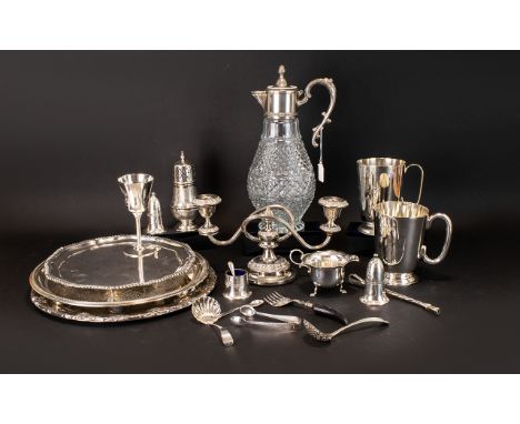 A Collection Of Silver Plated Items  A varied collection, to include castor, candleabrum, claret jug, condiments dishes, vari