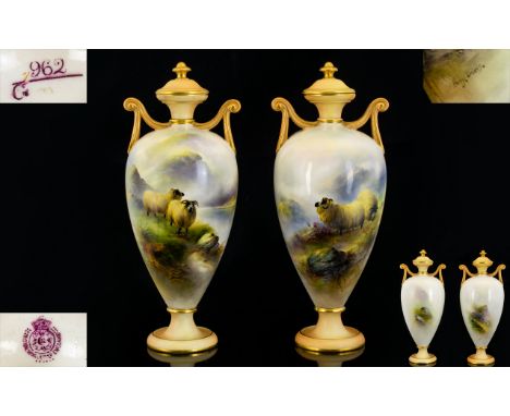 Royal Worcester Harry Davies Superb Quality Signed - Matched Pair of Urn Shaped Lidded Vases ' Sheep In a Highland Setting ' 