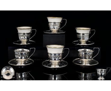 Antique Set of Six Silver Open-worked Coffee Cups and Saucers - Four with Ceramic Liners, All Marked Sterling Silver - Please