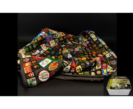 Scouting Interest A Vintage Scout Blanket Profusely Decorated With Woven Badges Traditional grey wool felt poncho covered in 