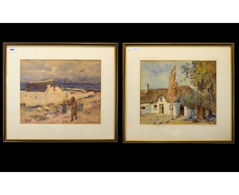 A Pair Of Framed Watercolours The first depicting a seascape with fisherman - indistinct signature to bottom left. The second