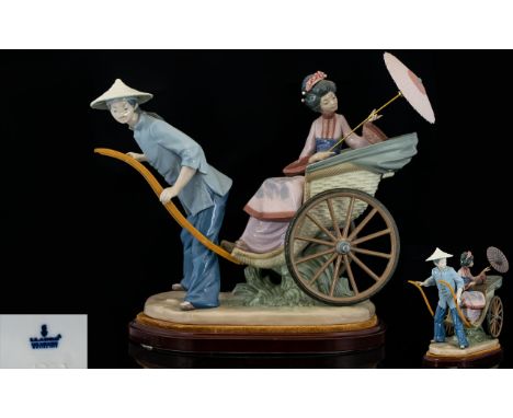 Lladro - Large and Impressive Porcelain Figure Group ' Rickshaw Ride ' Raised on a Wooden Plinth, Model No 1383. Sculptor Sal