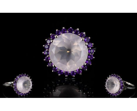 A Sterling Silver Galilea Rose Quartz And Amethyst Ring Wonderful Statement ring set with large circular faceted rose quartz 