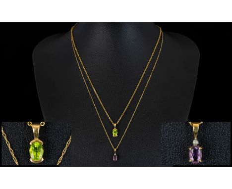 Ladies 9ct Gold Chains ( 2 ) with Attached Pendant Drops, One Amethysts and One Peridot. Both Fully Hallmarked for 9 ct - 375